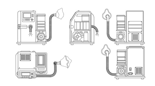 Altitude training machine technical drawing blueprint with front side back and top views CAD line art vector illustration
