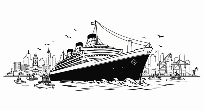Majestic ocean liner arrives at a bustling port city with tugboats
