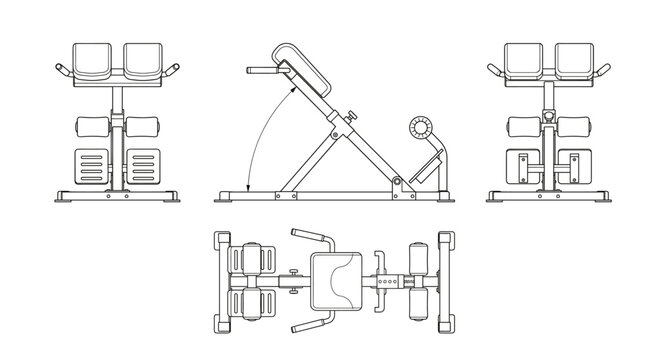 Back extension machine technical drawing blueprint with front side back and top views CAD line art vector illustration