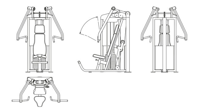 Chest press machine technical drawing blueprint with front side back and top views CAD line art vector illustration