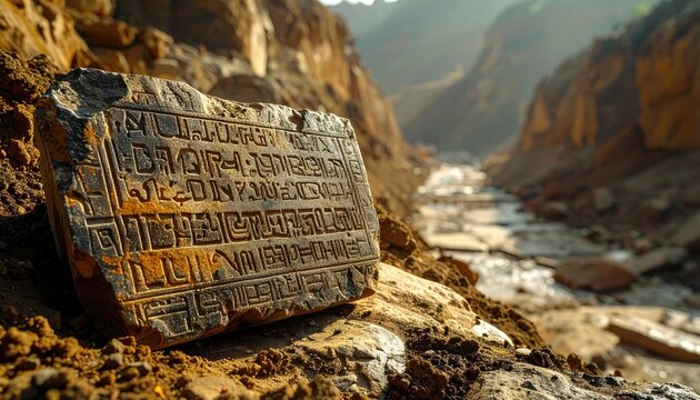 Ancient stone tablet with beautifully preserved Ugaritic cuneiform script resting outdoors in a rocky canyon landscape