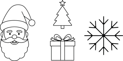 Naklejka premium Festive holiday trio santa claus christmas tree gift and snowflake line art