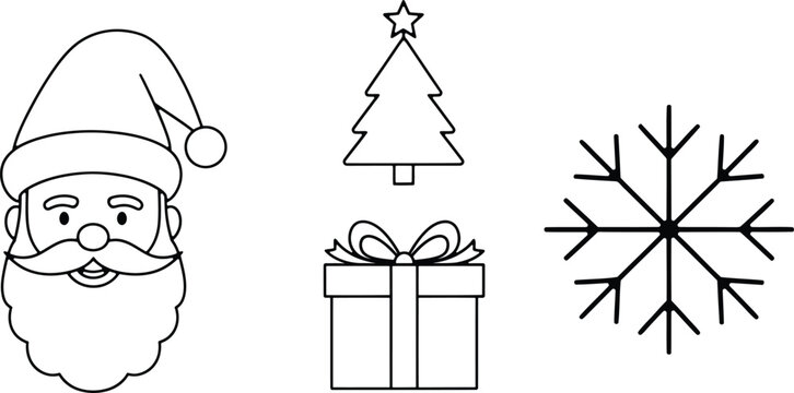 Festive holiday trio santa claus christmas tree gift and snowflake line art