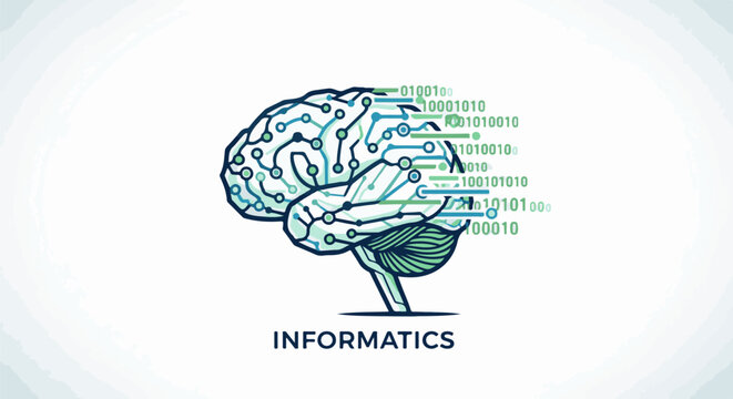 Stylized brain with digital circuit pathways and binary code