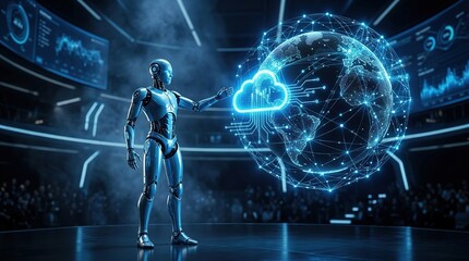 Obraz premium Artificial intelligence robot interacting with cloud data visualization