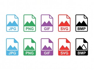 Fototapeta premium Colorful file format icons for jpg, png, gif, svg, and bmp on a white background