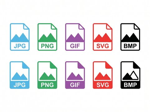 Colorful file format icons for jpg, png, gif, svg, and bmp on a white background