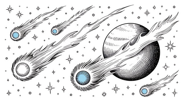 Several comets and a planet depicted in a hand drawn illustration style with stars.