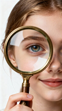 Girl holding magnifying glass to eye and smiling in closeup  