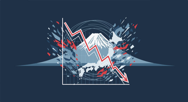Decreasing economic graph over a snowy mountain peak with abstract debris
