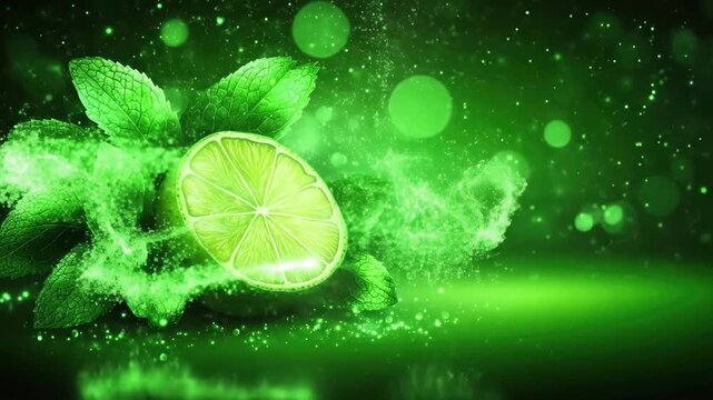 Vibrant green lime with mint leaves on abstract sparkling background