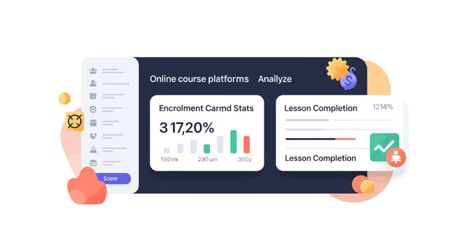 Online course platform analytics dashboard with recruitment stats and lesson completion.
