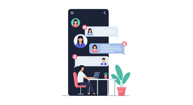 Online Communication: Person working on laptop with chat bubbles on phone screen