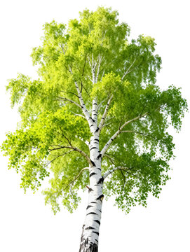A tall slender birch tree with vibrant lush green foliage and distinctive white patterned bark, isolated on a plain white background.