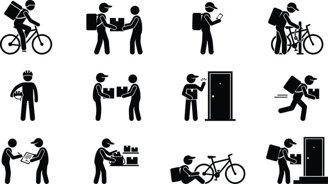 Courier delivery service silhouette icon set featuring bike messenger package handover tracking pickup and last mile logistics