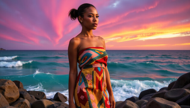A woman with hair tied back wearing a colorful strapless dress stands on a rocky beach at sunset with vibrant skies.