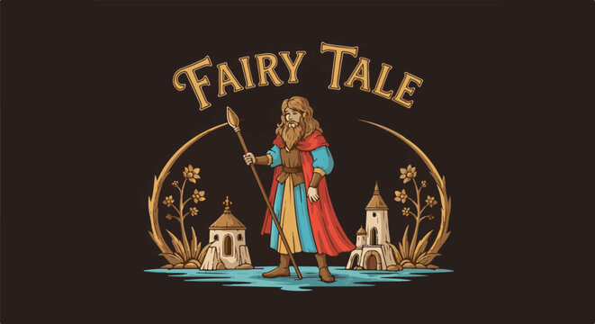 Bearded figure with spear stands before fairy tale castles and flowers