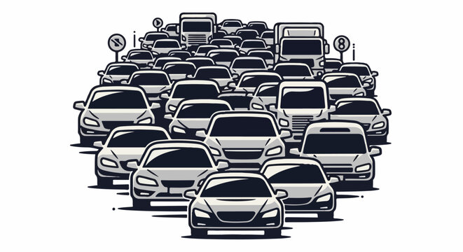 Dense traffic jam with multiple cars and trucks on a road