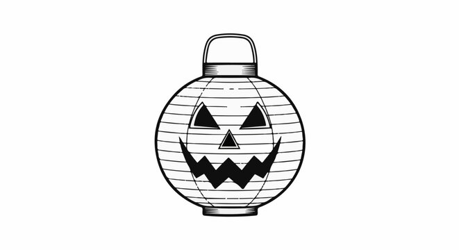 Black and white illustration of a round, grinning jack-o'-lantern paper lantern