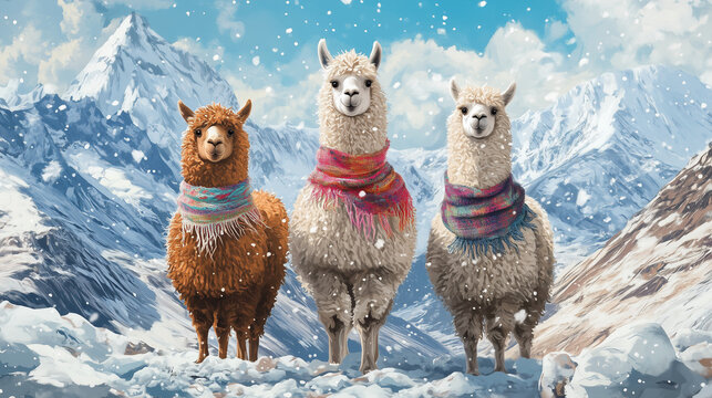 Portrait of a cute lama family wearing multicolored scarfs standing in snowy mountains looking at camera