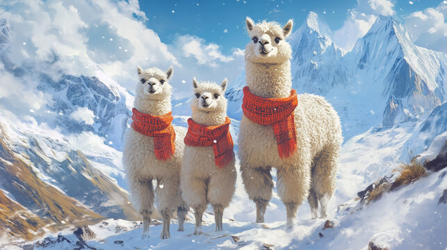 Portrait of a cute lama family wearing red scarfs standing in snowy mountains 