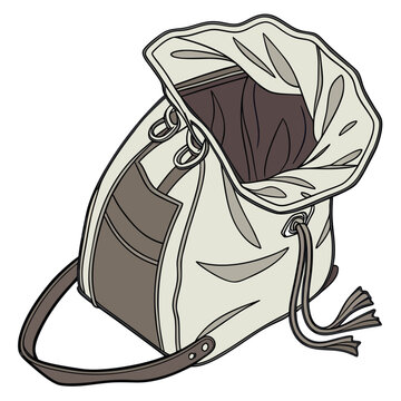 Open fabric drawstring shoulder bag sketch illustration with shoulder, accessory