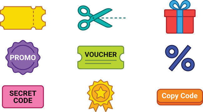 Discount and Promo Code Icon Set with Vouchers, Gifts, and Marketing Coupons for Websites, Apps, and Digital Media Designs