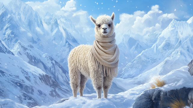 Portrait of a cute lama wearing a beige scarf on her neck standing in snowy mountains 