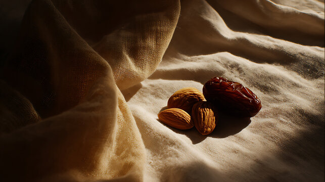 Close up of dry whole almonds and date fruit on a natural, light beige linen fabric with soft, warm window light and deep shadows