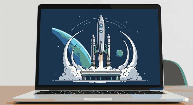 A pixelated rocket launches from a platform towards a planet and moon