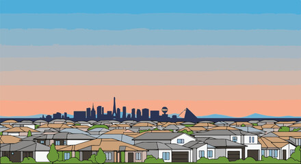 Fototapeta premium A suburban neighborhood with houses, a city skyline, and mountains under a sunset sky