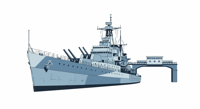 A stylized warship with multiple guns sits connected to a pier
