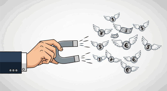 A hand in a suit uses a magnet to attract flying currency symbols and cash