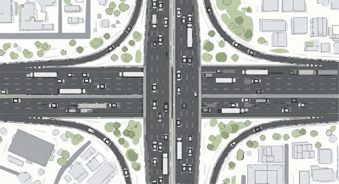 Aerial view of a busy highway interchange with multiple lanes and traffic