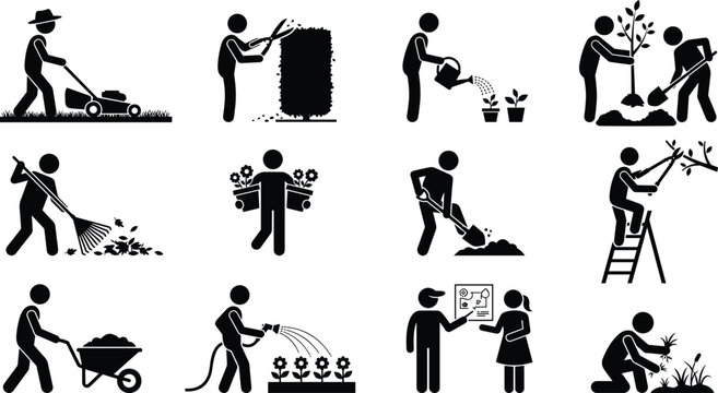Gardening and landscaping activities silhouette icon set featuring planting watering pruning lawn care and garden maintenance work