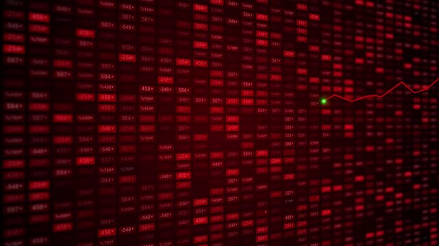 Red financial market background glowing number panels, stock chart line, trading board depth. finance videos, market news, investment reports, economy analysis, business intros, broadcast overlays.