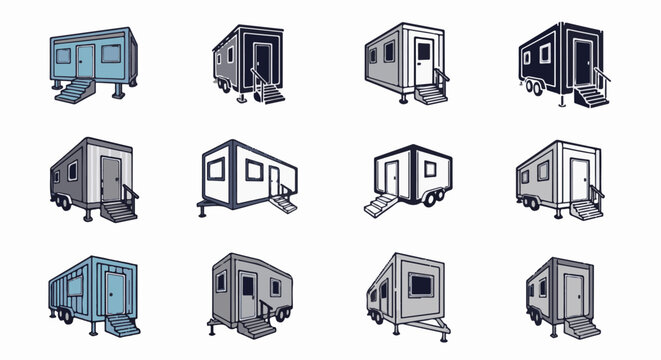 Twelve different isometric illustrations of portable cabins on a white background