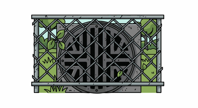 Chain-link fence in front of a storm drain and overgrown foliage