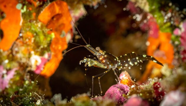 Tiny cleaner shrimp meticulously tending to a larger fish amidst colorful coral reef ecosystem