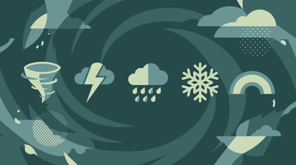 Naklejka premium A graphic illustration depicting various weather phenomena including a tornado, lightning, rain, snow, and a rainbow.