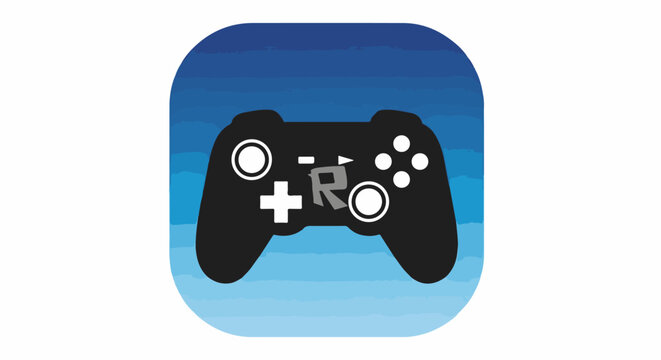 Black game controller with white buttons and an R logo on a blue gradient background