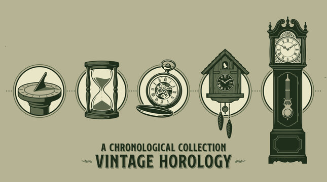 A chronological collection of vintage horology, showcasing the evolution of timekeeping devices from sundials to grandfather clocks.