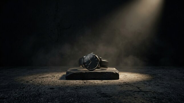 Elegant wristwatch illuminated on a pedestal against a dark background