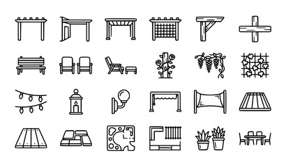 Minimal pergola outline icon set with outdoor living patio garden structures and landscaping elements vector © MdMoymul