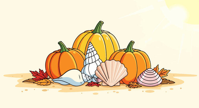 A whimsical arrangement of pumpkins and assorted seashells with autumn leaves