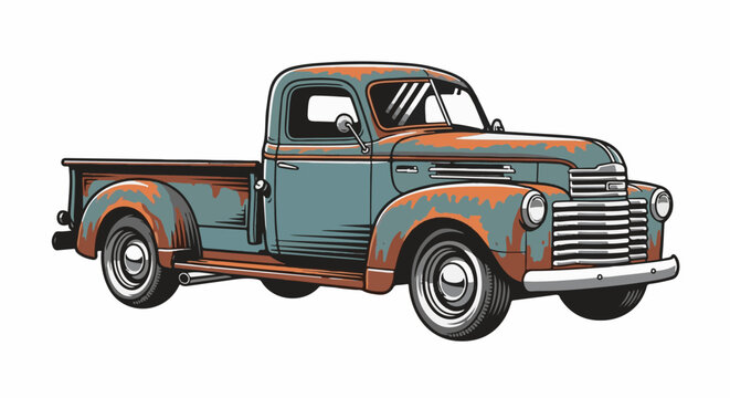 A weathered vintage teal pickup truck with rust accents