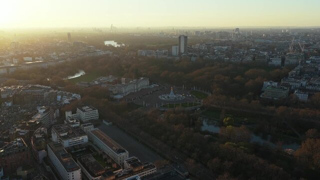 High altitude unique tripod perspective over Buckingham Palace, Green Park, and Hyde Park, with expansive London cityscape, revealing Knightsbridge and Mayfair