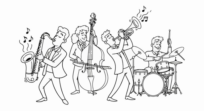 Lively cartoon jazz quartet playing instruments with musical notes