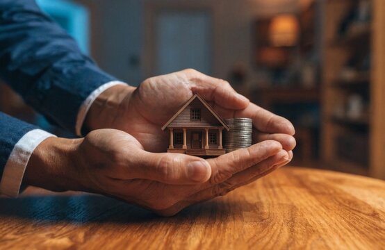 Hands protecting miniature house model and coin stack home insurance and property investment concept indoor setting close-up view financial security