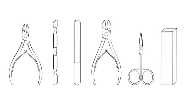 Manicure set professional grooming tools outline icons set for beauty salon, nail care instruments including cuticle nippers, pusher, nail file, scissors, and block buffer in minimalist vector style.